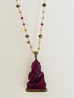 Carved Ruby and Diamond Buddha Pendant on Semi-precious Stone Chain
