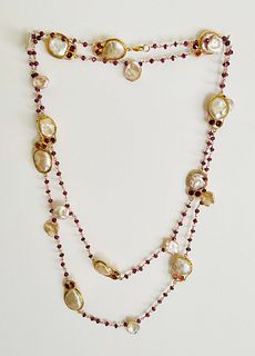 Faceted Garnet, Rhodolite and Baroque Coin Pearl Necklace