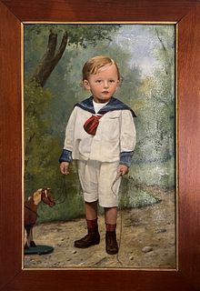 Wilhelm F. Giessel Oil "Portrait of a Young Boy with Horse Pull Toy"