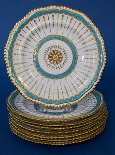 Set of Eight Hand Painted Gilt and Turquoise Copeland China Dessert Plates