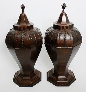 Pair of Antique Mahogany Bell and Flower Carved Knife Urns