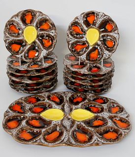 Vallauris France Majolica Oyster Platter and Twelve Plates, Mid-Century
