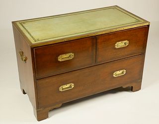 Antique English Campaign Chest of Drawers with Leather Top, 19th Century