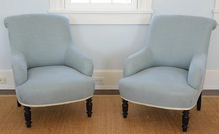 Pair of Aqua Blue Fabric Upholstered Slipper Chairs