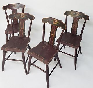 Four Pennsylvania Plank Seat Sponge Decorated Side Chairs, 19th Century