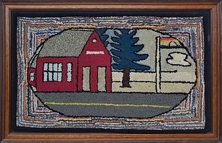 Vintage Hand Hooked Pictorial Rug of a Red Barn in the Country