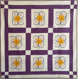 Spring-time Pansy Applique and Embroidered Quilt, circa 1940s