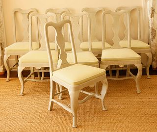 Set of Eight Queen Anne Style Grey Lime Washed Dining Chairs