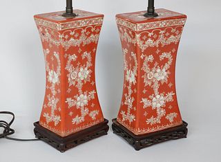 Pair of Antique Chinese Orange and White Porcelain Rectangular Vase Lamps