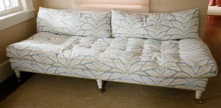 Pair of Decorator Blue and White Fern Upholstered Studio Couches