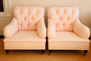 Pair of Jeffrey Bilhuber Designed Pale Pink Button-tufted Lounge Chairs