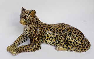 Large Mid Century Modern Italian Painted Ceramic Leopard Statue