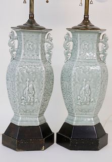 Pair of Asian Green Celadon Porcelain Vases Mounted as Lamps