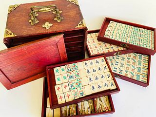 Vintage Mah Jong Bone and Bamboo Game in Fitted Box