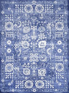 Denim Blue Wool and Silk Hand Knotted Tabriz Oriental Rug