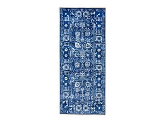 Hand Knotted Blue Silk and Wool Tabriz Wide Runner Oriental Rug