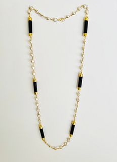 Faceted Black Onyx and White Fresh Water Pearl Necklace