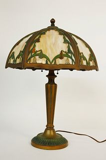 Art Deco Polychrome Cast Metal and Slag Glass Table Lamp
