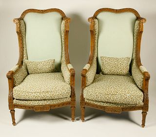 Pair of Louis XVI Style Carved Wood and Upholstered High-Back Wing Chairs, 20th Century