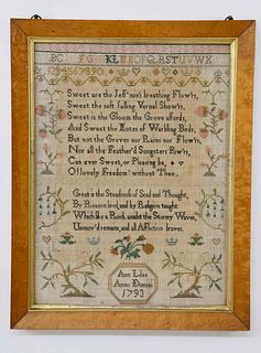 American Sampler Dated 1793 Wrought by Ann Liles
