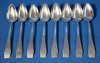 Set of Eight Henry Dwight Parkman Coin Silver Coffin Handle Place Spoons