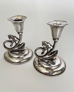 Pair of Vintage Sterling Silver Candlesticks with Scrolled Leaf Handle