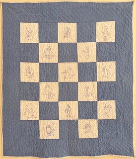 Baby Blue and White Embroidered Crib Quilt, circa 1930s