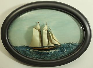 Vintage Oval Cased American Schooner on Open Seas