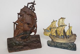 Two Signed Antique Cast Iron Figural Ship Doorstops