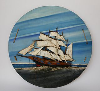 Round Clipper Ship Plaque With Hand Cut Tin Sails