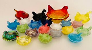 Collection of 21 American Miniature Glass Chicken Boxes