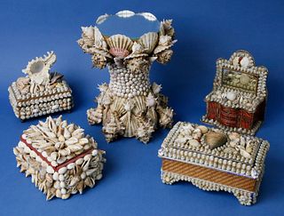 Five Seashell Encrusted Boxes and Mirrored Pedestal Compote