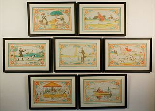 Set of Seven Framed Tony Sarg's (1880-1942) Fabric Placements