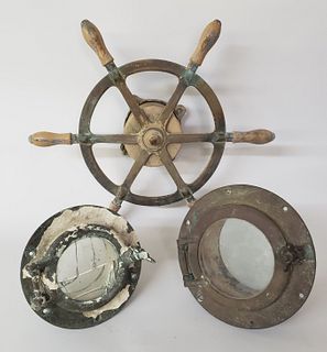 Two Antique Brass Port Hole Windows and Ships Wheel