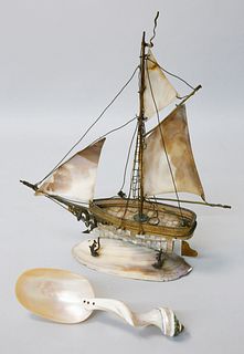 French Abalone and Gilt Bronze Miniature Ship Model, 19th Century