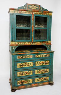 Decorated Signed and Dated German 2-Part Kitchen Cupboard, 19th Century