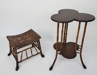 Two Antique Bamboo Side Table and Ottoman