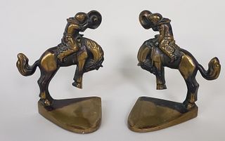 Pair of Vintage Russwood Solid Cast Bronze Bucking Bronco Cowboy Bookends