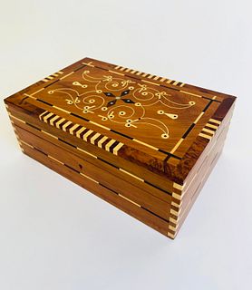 Vintage Mother of Pearl and Multi-wood Inlaid Jewelry Box