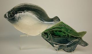 Pair of Ann Elizabeth 2-Slab Pottery Glazed and Scribed Fish