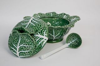 Portuguese Ceramic Covered Cabbage Soup Tureen and Ladle