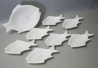 Milk Glass Fish Platter With Seven Fish Plates