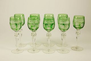 Set of Nine Green Cut to Clear Crystal White Wine Goblets
