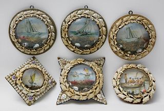 Set of Six Antique Shell Encrusted Pictorial Frames