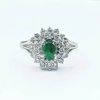 Platinum Cabochon Emerald & Diamond Ring