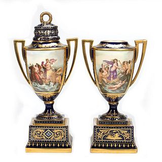Pair of Gilt Porcelain Lidded Urns