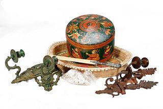 Indian Papier Mache Box, Basketry Tray, and Misc. (9)