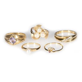 Five gem-set and 14k gold rings