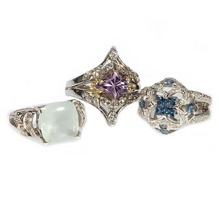 Three gem-set, diamond and white gold rings