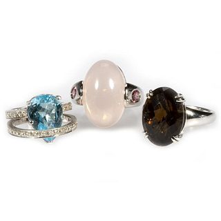 Three gem-set, diamond and 14k white gold rings
